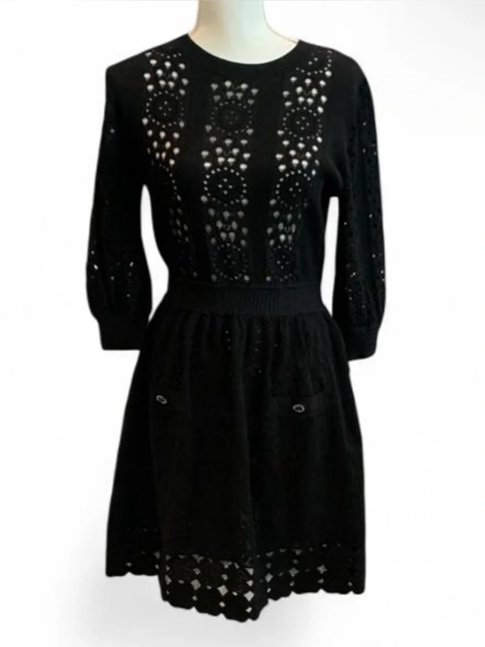CHANEL Spring 2020 Black Eyelet crochet Knit mini flared Dress